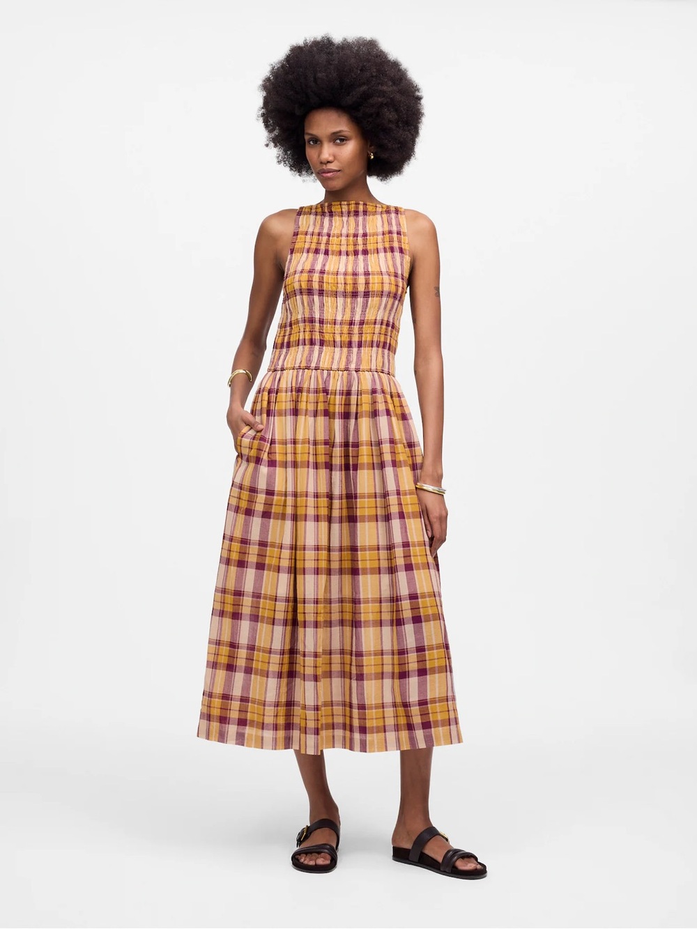 Madewell Plaid Smocked Midi Dress in Mustard Yellow and Plum